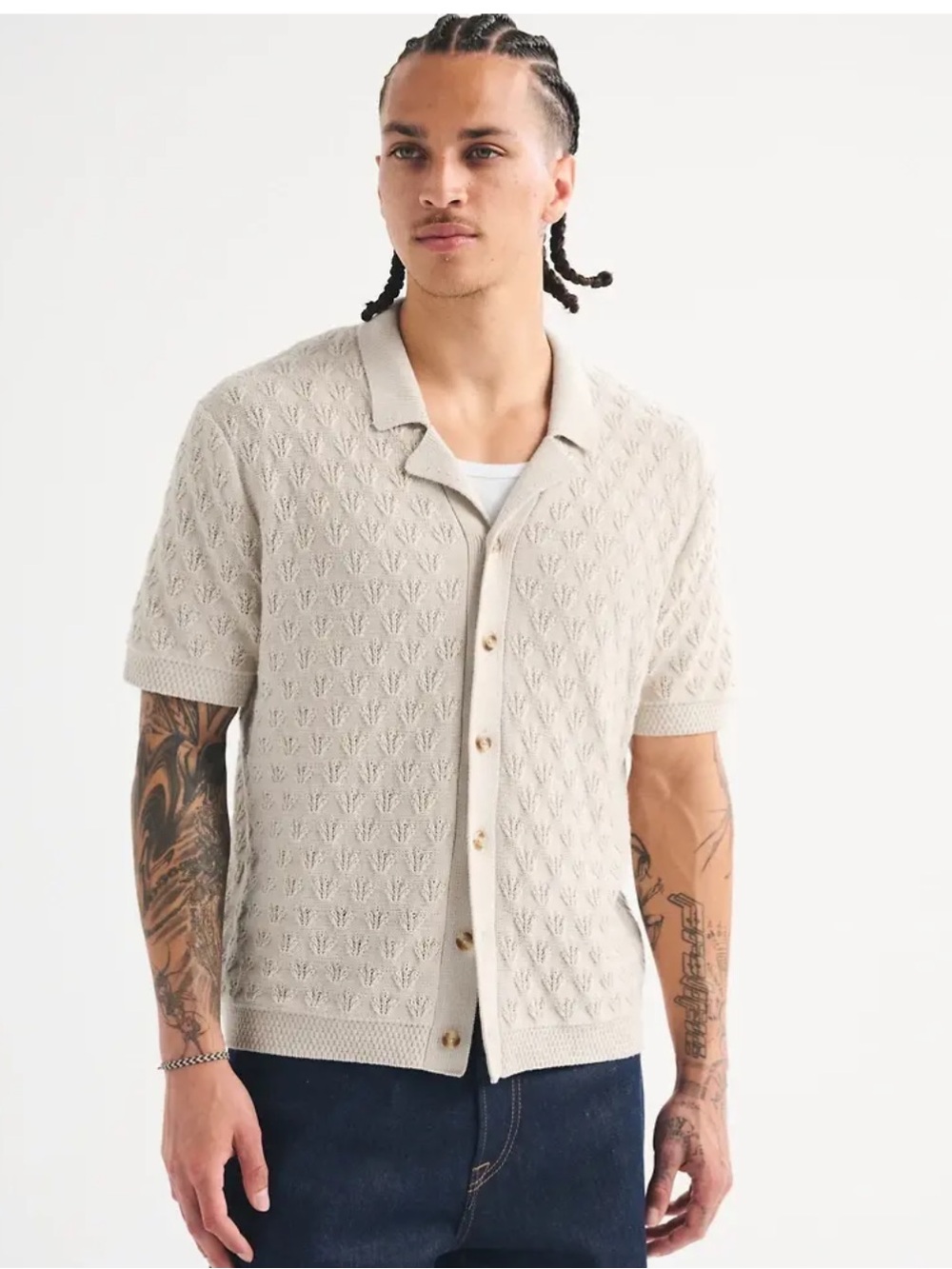 Abercrombie & Fitch Cream Short-Sleeve Knit Button Shirt size M